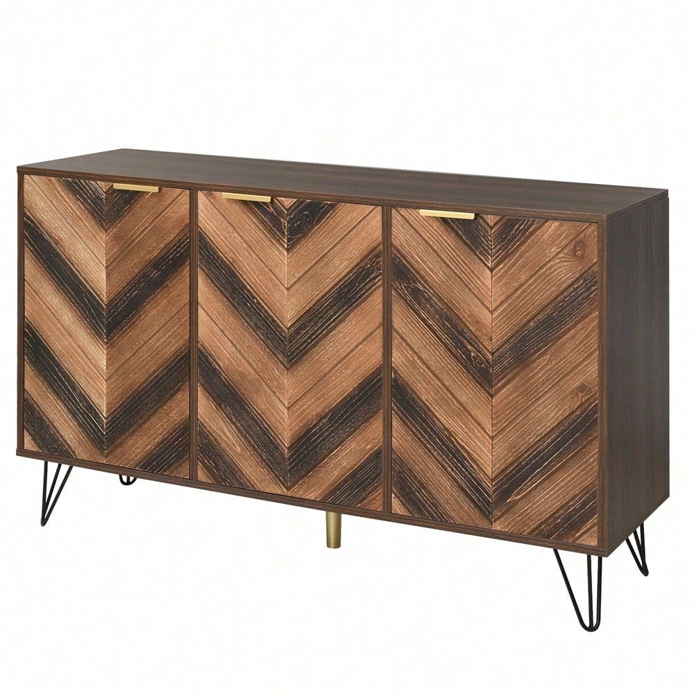 Sideboard, Exklusives Sideboard mit drei Türen, mit stilvollen Details und großzügigem Stauraum. Tür aus Massivholzfurnier, konkave und konvexe Haptik. Enthält Laminate. Kleiner Schrank mit goldenen G