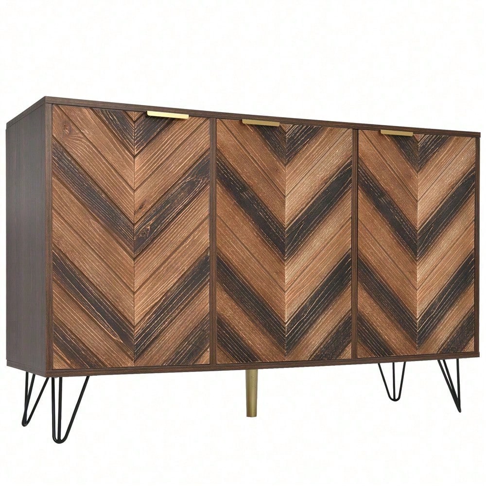 Sideboard, Exklusives Sideboard mit drei Türen, mit stilvollen Details und großzügigem Stauraum. Tür aus Massivholzfurnier, konkave und konvexe Haptik. Enthält Laminate. Kleiner Schrank mit goldenen G