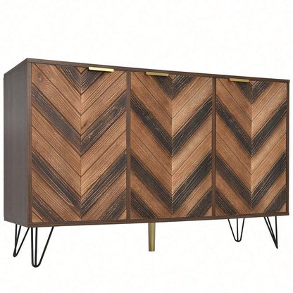 Sideboard, Exklusives Sideboard mit drei Türen, mit stilvollen Details und großzügigem Stauraum. Tür aus Massivholzfurnier, konkave und konvexe Haptik. Enthält Laminate. Kleiner Schrank mit goldenen G