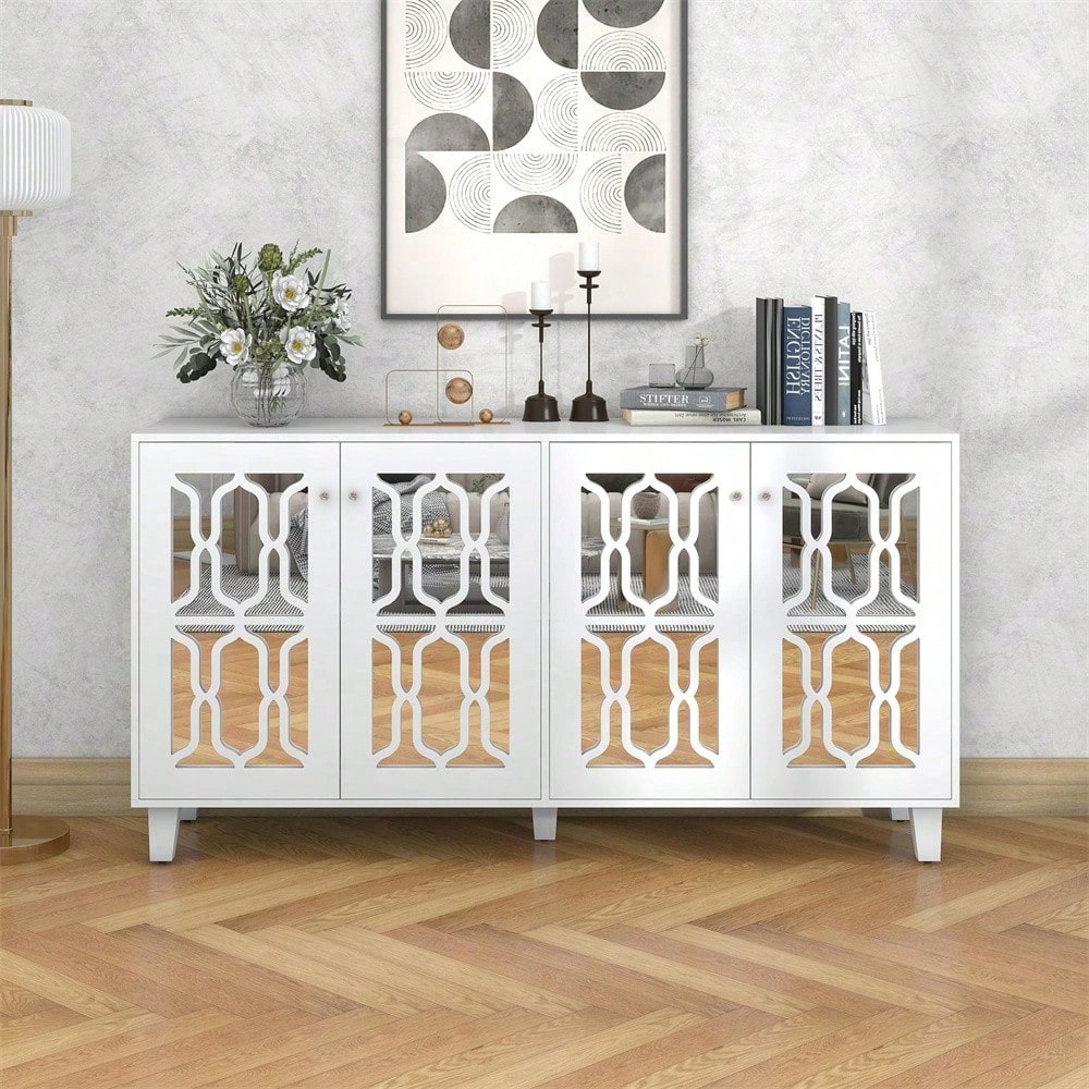 Weiß verspiegelte Anrichte mit kühlen Kristallgriffen, Vier Türen, mit beweglichem Laminat.für Wohn- und Esszimmer, 160 x 40 x 84cm