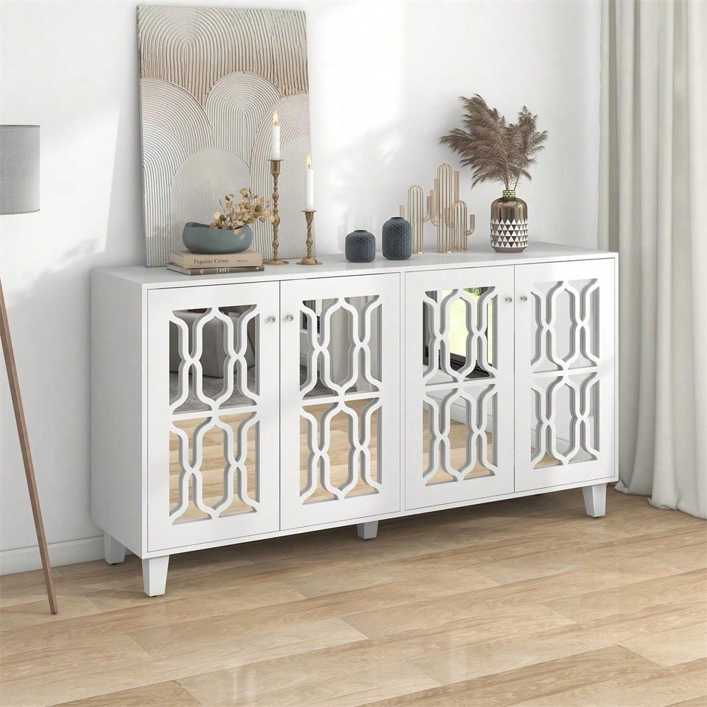 Weiß verspiegelte Anrichte mit kühlen Kristallgriffen, Vier Türen, mit beweglichem Laminat.für Wohn- und Esszimmer, 160 x 40 x 84cm