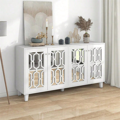 Weiß verspiegelte Anrichte mit kühlen Kristallgriffen, Vier Türen, mit beweglichem Laminat.für Wohn- und Esszimmer, 160 x 40 x 84cm