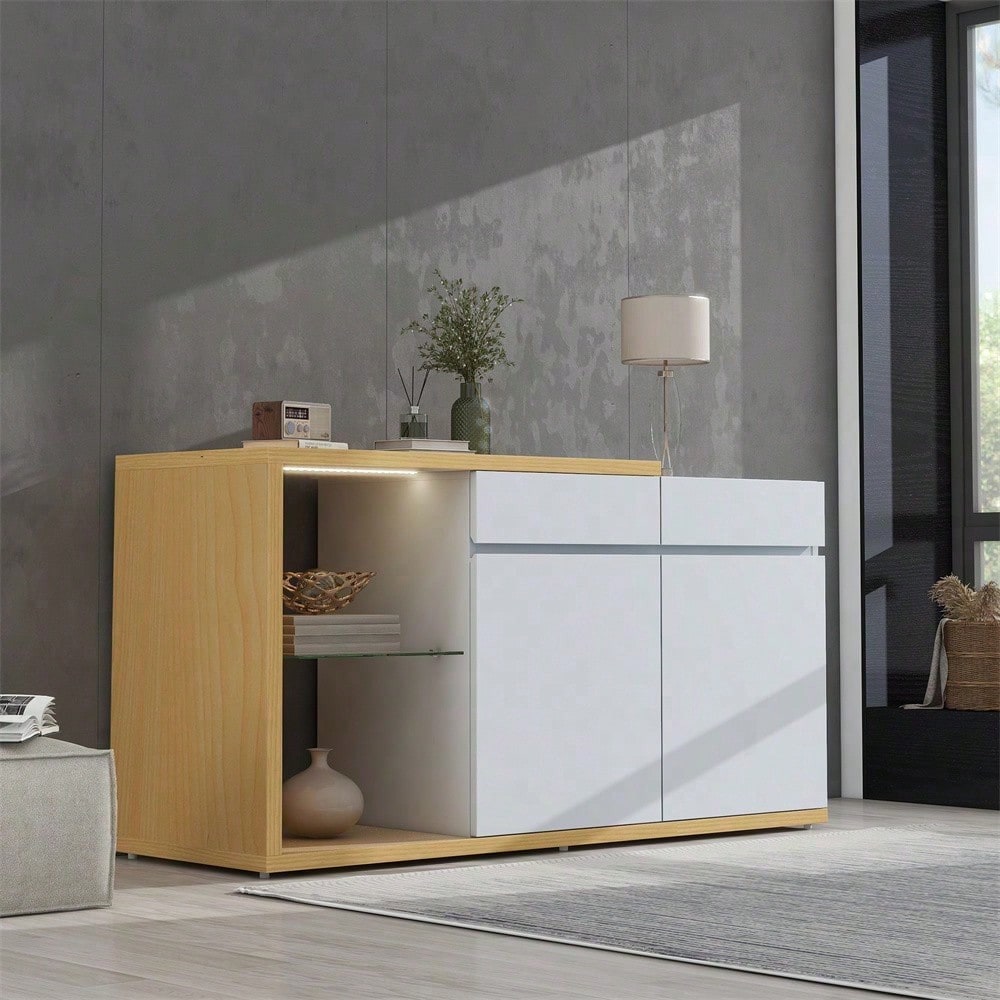 LED Sideboard Breite 120 cm, Multifunktionales Sideboard,Kommode 2 Türen, 2 Schubkästen, Anrichte mit LED-Beleuchtung