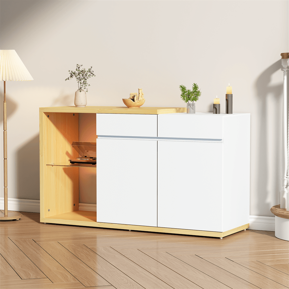LED Sideboard Breite 120 cm, Multifunktionales Sideboard,Kommode 2 Türen, 2 Schubkästen, Anrichte mit LED-Beleuchtung