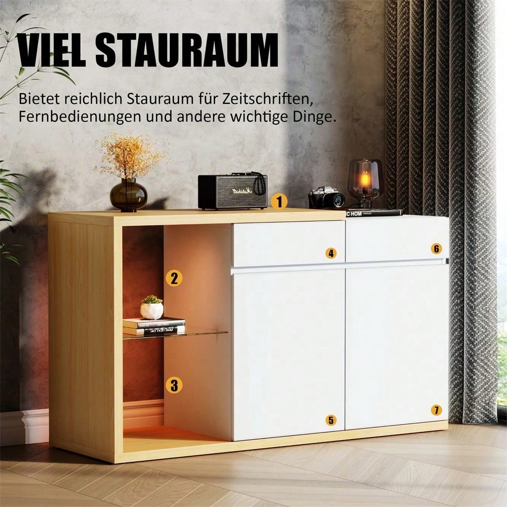 LED Sideboard Breite 120 cm, Multifunktionales Sideboard,Kommode 2 Türen, 2 Schubkästen, Anrichte mit LED-Beleuchtung
