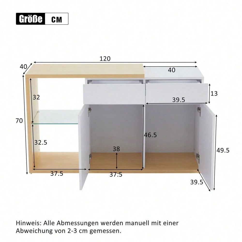 LED Sideboard Breite 120 cm, Multifunktionales Sideboard,Kommode 2 Türen, 2 Schubkästen, Anrichte mit LED-Beleuchtung