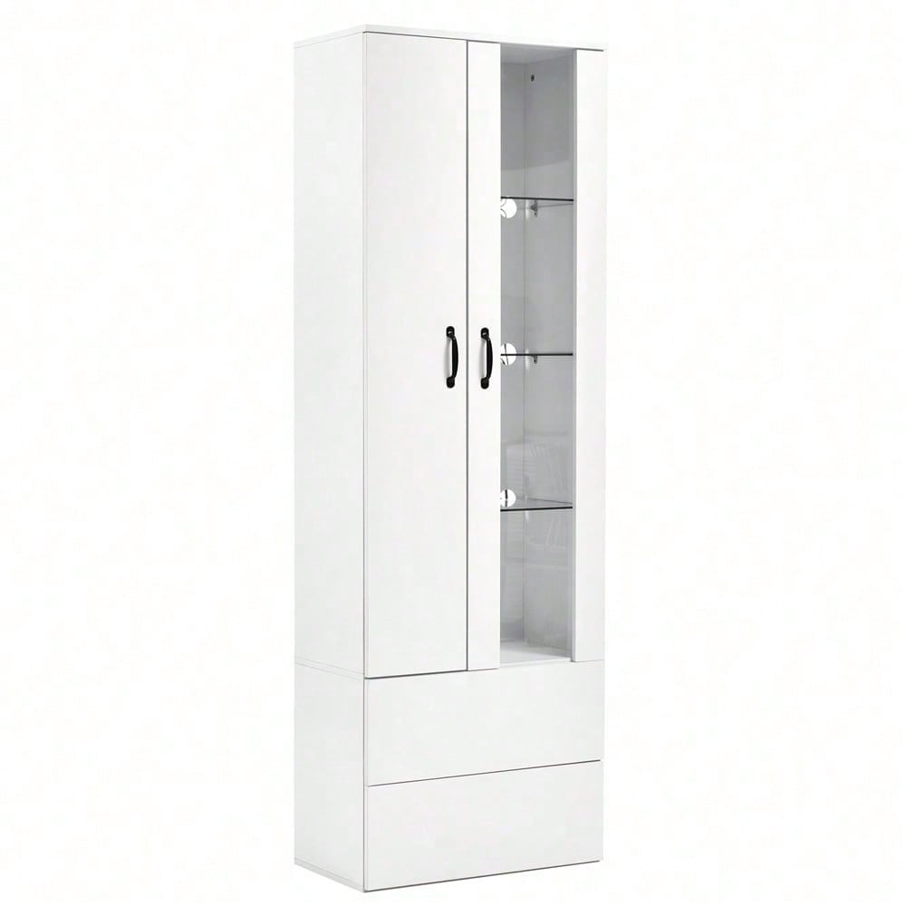 16 Farben LED-beleuchtete Vitrine, 2 Türen, Standvitrine mit transparenter Tür, freistehende Vitrine Weiße LED-Vitrine Wohnzimmer Wohnzimmerwand LED-Vitrine LED-Schrank Buffetschrank