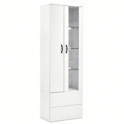 16 Farben LED-beleuchtete Vitrine, 2 Türen, Standvitrine mit transparenter Tür, freistehende Vitrine Weiße LED-Vitrine Wohnzimmer Wohnzimmerwand LED-Vitrine LED-Schrank Buffetschrank