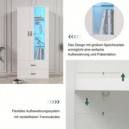 16 Farben LED-beleuchtete Vitrine, 2 Türen, Standvitrine mit transparenter Tür, freistehende Vitrine Weiße LED-Vitrine Wohnzimmer Wohnzimmerwand LED-Vitrine LED-Schrank Buffetschrank