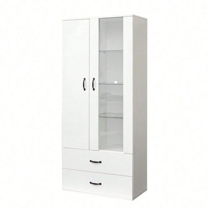 16 Farben LED-beleuchtete Vitrine, 2 Türen, Standvitrine mit transparenter Tür, freistehende Vitrine Weiße LED-Vitrine Wohnzimmer Wohnzimmerwand LED-Vitrine LED-Schrank Buffetschrank