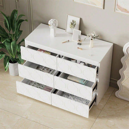 Kommode mit 6 Schubladen, Flurschrank, für Wohnzimmer, Bad und Schlafzimmer, Wellenmuster, lackiert, stoßfestes Eckdesign, 6 Fächer, 110 B x 40 T x 72 H, weiß