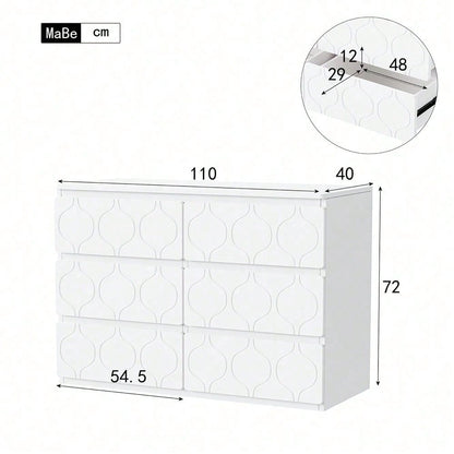 Kommode mit 6 Schubladen, Flurschrank, für Wohnzimmer, Bad und Schlafzimmer, Wellenmuster, lackiert, stoßfestes Eckdesign, 6 Fächer, 110 B x 40 T x 72 H, weiß