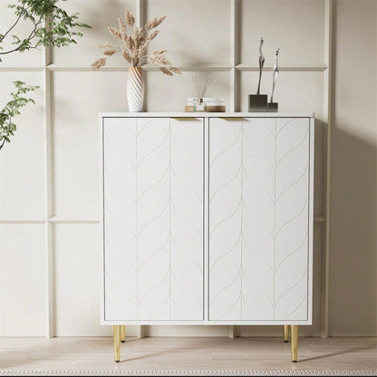 Sideboard mit 2 Türen,Kommode,Flurschrank,für Wohnzimmer,Bad-und Schlafzimmer, vergoldete Füße und Griff, florales Muster, lackiert,stoßsicheres Eckdesign, 3 Einlegeböden, 6 Fächer, 75B*40T*90H,weiß