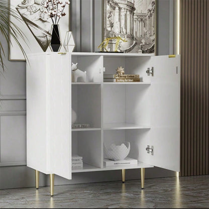 Sideboard mit 2 Türen,Kommode,Flurschrank,für Wohnzimmer,Bad-und Schlafzimmer, vergoldete Füße und Griff, florales Muster, lackiert,stoßsicheres Eckdesign, 3 Einlegeböden, 6 Fächer, 75B*40T*90H,weiß