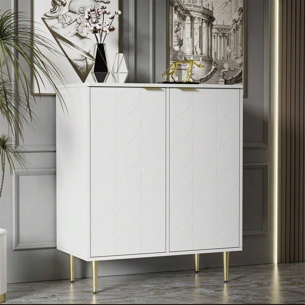 Sideboard mit 2 Türen,Kommode,Flurschrank,für Wohnzimmer,Bad-und Schlafzimmer, vergoldete Füße und Griff, florales Muster, lackiert,stoßsicheres Eckdesign, 3 Einlegeböden, 6 Fächer, 75B*40T*90H,weiß