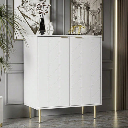 Sideboard mit 2 Türen,Kommode,Flurschrank,für Wohnzimmer,Bad-und Schlafzimmer, vergoldete Füße und Griff, florales Muster, lackiert,stoßsicheres Eckdesign, 3 Einlegeböden, 6 Fächer, 75B*40T*90H,weiß