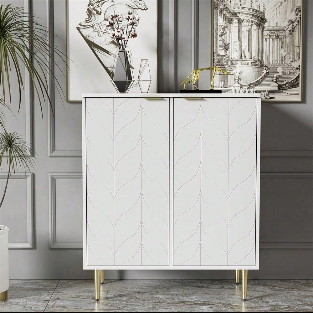 Sideboard mit 2 Türen,Kommode,Flurschrank,für Wohnzimmer,Bad-und Schlafzimmer, vergoldete Füße und Griff, florales Muster, lackiert,stoßsicheres Eckdesign, 3 Einlegeböden, 6 Fächer, 75B*40T*90H,weiß