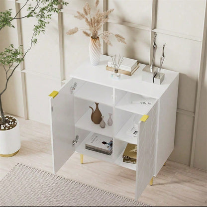 Sideboard mit 2 Türen,Kommode,Flurschrank,für Wohnzimmer,Bad-und Schlafzimmer, vergoldete Füße und Griff, florales Muster, lackiert,stoßsicheres Eckdesign, 3 Einlegeböden, 6 Fächer, 75B*40T*90H,weiß