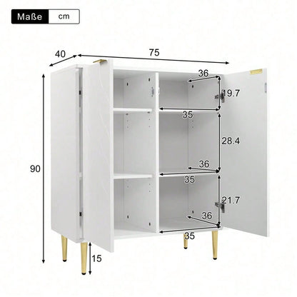 Sideboard mit 2 Türen,Kommode,Flurschrank,für Wohnzimmer,Bad-und Schlafzimmer, vergoldete Füße und Griff, florales Muster, lackiert,stoßsicheres Eckdesign, 3 Einlegeböden, 6 Fächer, 75B*40T*90H,weiß