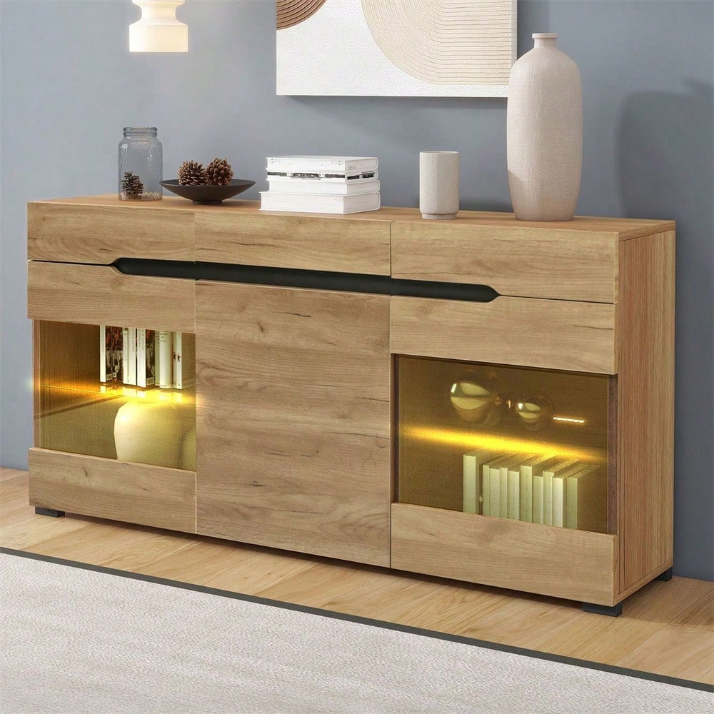 LED Sideboard Schrank Modern Wohnzimmer Anrichte Möbel 3 Türen 3 Schubladen Moderne Kommode mit viel Stauraum für Ihren Wohnbereich