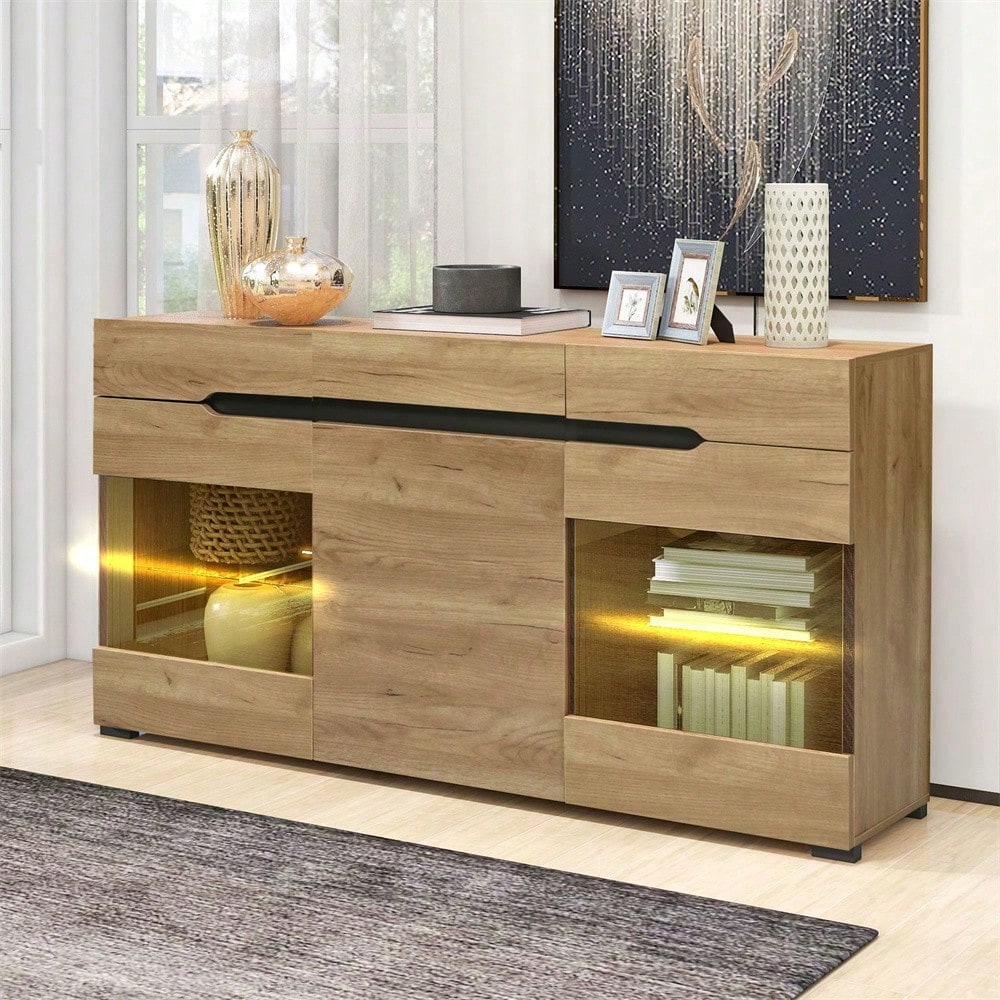 LED Sideboard Schrank Modern Wohnzimmer Anrichte Möbel 3 Türen 3 Schubladen Moderne Kommode mit viel Stauraum für Ihren Wohnbereich