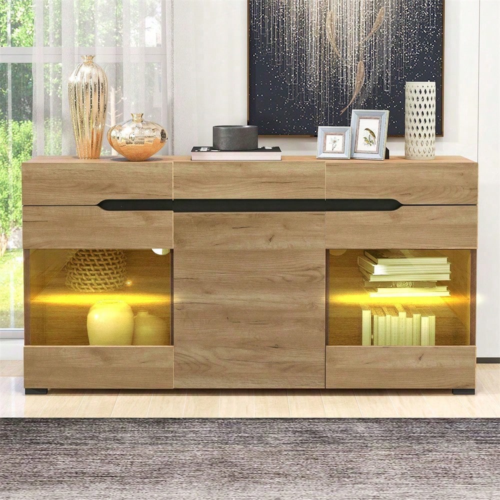 LED Sideboard Schrank Modern Wohnzimmer Anrichte Möbel 3 Türen 3 Schubladen Moderne Kommode mit viel Stauraum für Ihren Wohnbereich