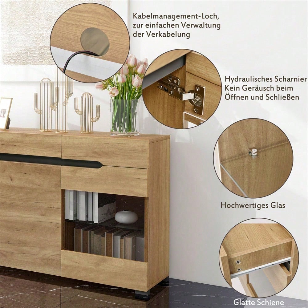 LED Sideboard Schrank Modern Wohnzimmer Anrichte Möbel 3 Türen 3 Schubladen Moderne Kommode mit viel Stauraum für Ihren Wohnbereich