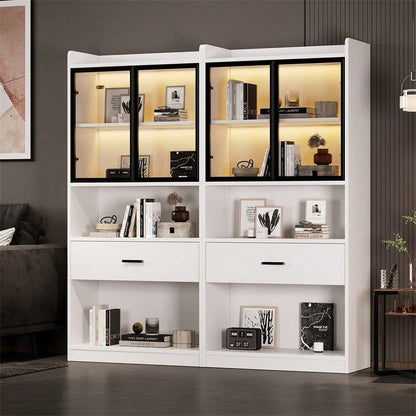 Curio Vitrine mit Licht, Aufbewahrungsregale mit Pop-up Glastüren, 1 große Schubladen & 16 Farben Licht, Sammlerstücke Schrank Display Regal, Bücherregal Vitrine für Wohnzimmer, weiß, schwarzer Fenste