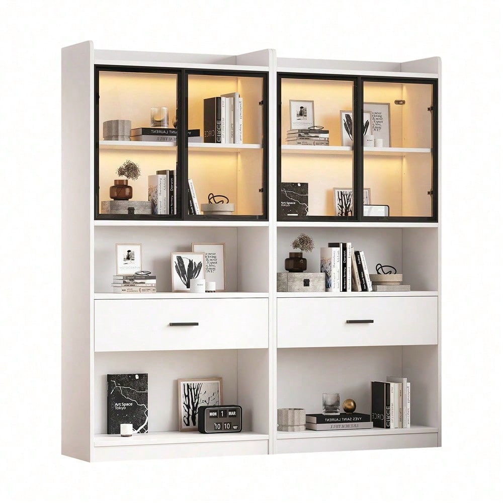 Curio Vitrine mit Licht, Aufbewahrungsregale mit Pop-up Glastüren, 1 große Schubladen & 16 Farben Licht, Sammlerstücke Schrank Display Regal, Bücherregal Vitrine für Wohnzimmer, weiß, schwarzer Fenste