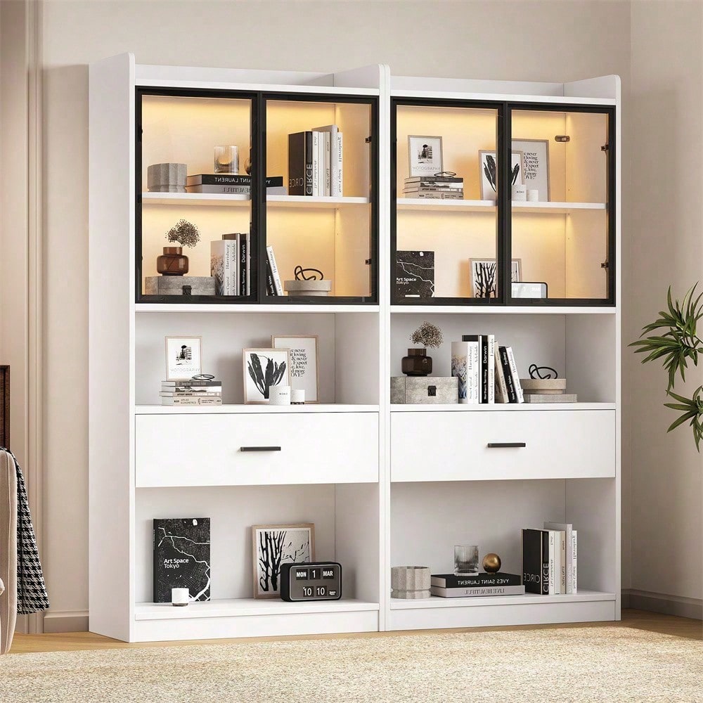 Curio Vitrine mit Licht, Aufbewahrungsregale mit Pop-up Glastüren, 1 große Schubladen & 16 Farben Licht, Sammlerstücke Schrank Display Regal, Bücherregal Vitrine für Wohnzimmer, weiß, schwarzer Fenste
