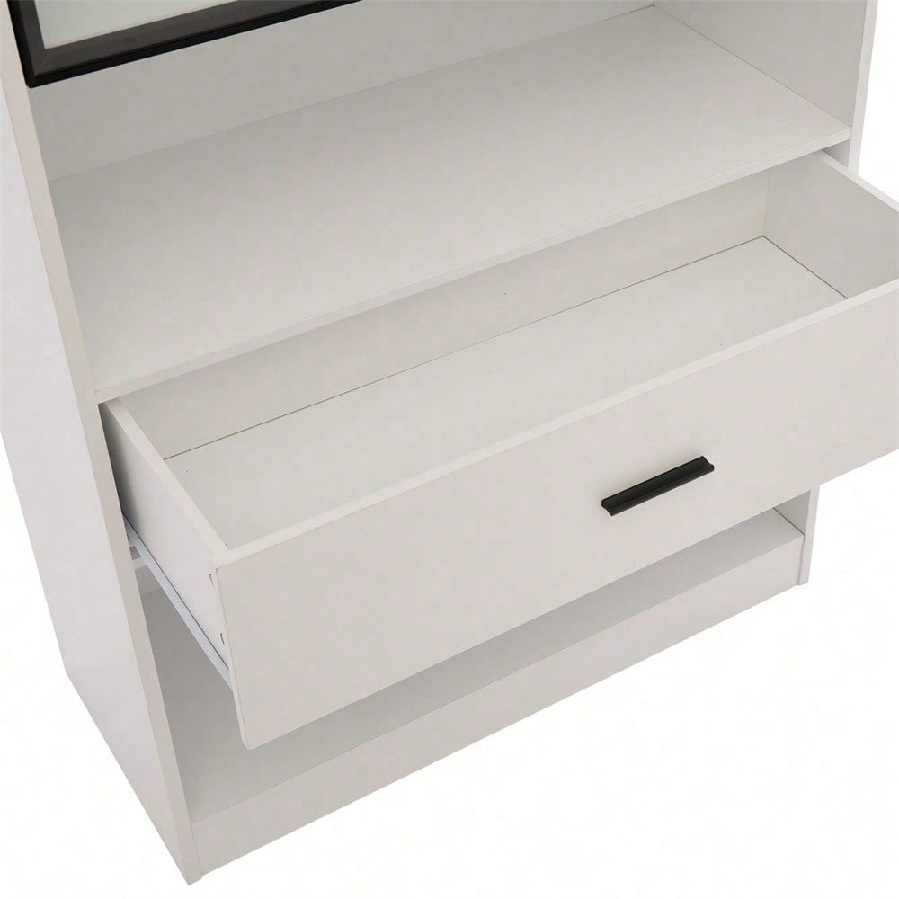 Curio Vitrine mit Licht, Aufbewahrungsregale mit Pop-up Glastüren, 1 große Schubladen & 16 Farben Licht, Sammlerstücke Schrank Display Regal, Bücherregal Vitrine für Wohnzimmer, weiß, schwarzer Fenste