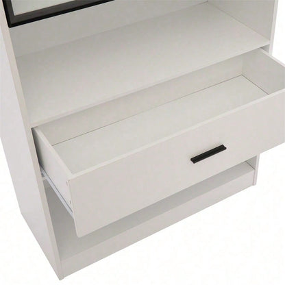 Curio Vitrine mit Licht, Aufbewahrungsregale mit Pop-up Glastüren, 1 große Schubladen & 16 Farben Licht, Sammlerstücke Schrank Display Regal, Bücherregal Vitrine für Wohnzimmer, weiß, schwarzer Fenste