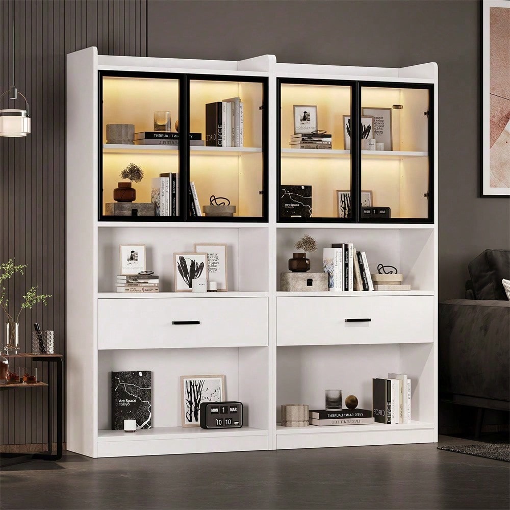 Curio Vitrine mit Licht, Aufbewahrungsregale mit Pop-up Glastüren, 1 große Schubladen & 16 Farben Licht, Sammlerstücke Schrank Display Regal, Bücherregal Vitrine für Wohnzimmer, weiß, schwarzer Fenste