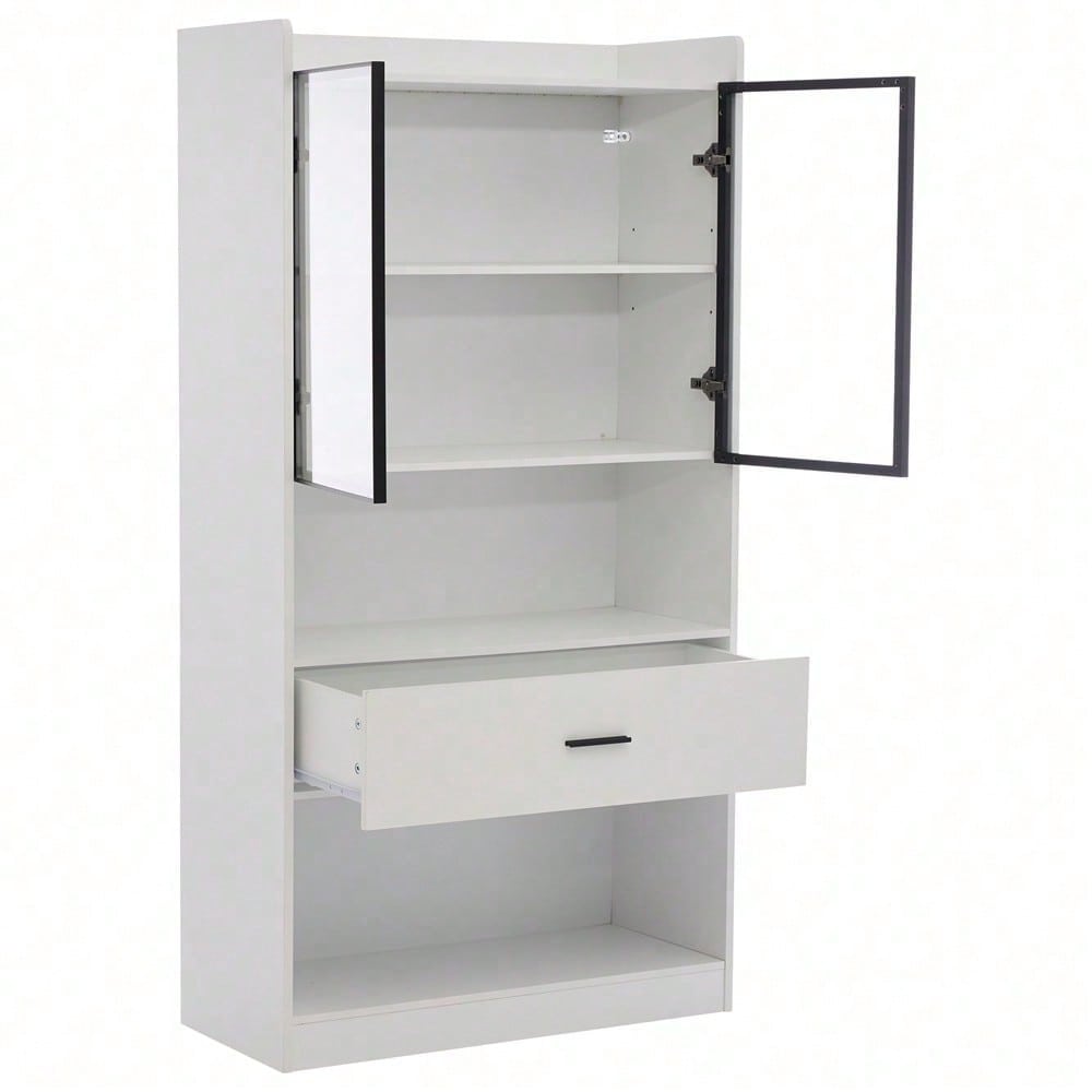 Curio Vitrine mit Licht, Aufbewahrungsregale mit Pop-up Glastüren, 1 große Schubladen & 16 Farben Licht, Sammlerstücke Schrank Display Regal, Bücherregal Vitrine für Wohnzimmer, weiß, schwarzer Fenste