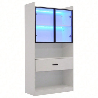Curio Vitrine mit Licht, Aufbewahrungsregale mit Pop-up Glastüren, 1 große Schubladen & 16 Farben Licht, Sammlerstücke Schrank Display Regal, Bücherregal Vitrine für Wohnzimmer, weiß, schwarzer Fenste