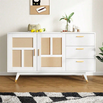 Moderner dekorativer weißer Rattan Schrank Multifunktionaler Aufbewahrungsschrank 2 Rattan Türen 3 Schubladen Buffet Golddekoration 160*40*87cm