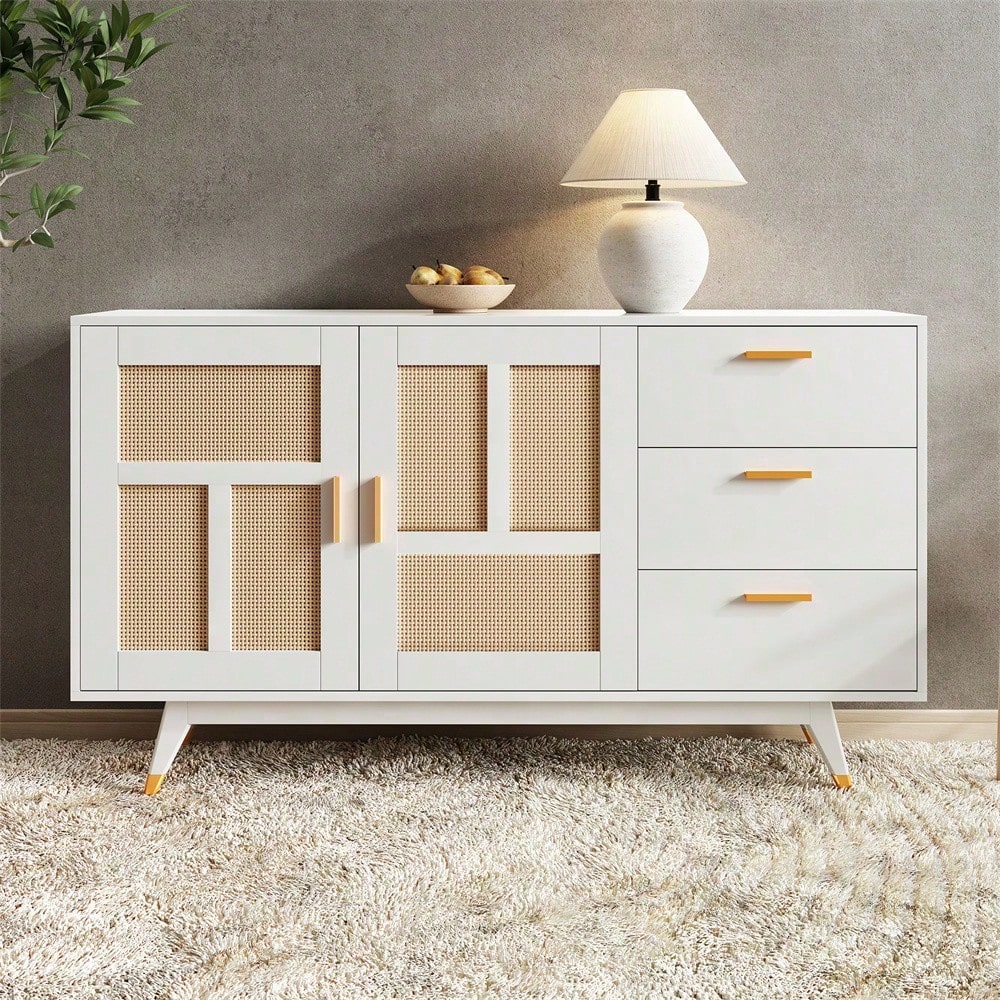 Moderner dekorativer weißer Rattan Schrank Multifunktionaler Aufbewahrungsschrank 2 Rattan Türen 3 Schubladen Buffet Golddekoration 160*40*87cm