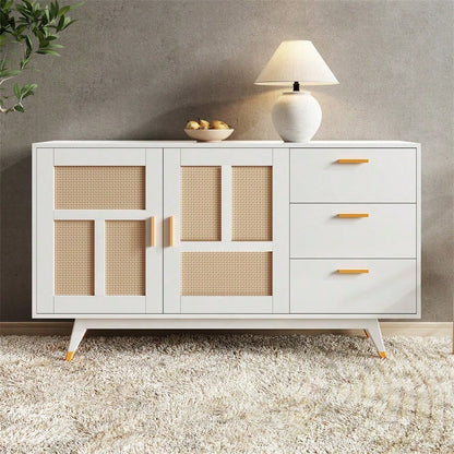 Moderner dekorativer weißer Rattan Schrank Multifunktionaler Aufbewahrungsschrank 2 Rattan Türen 3 Schubladen Buffet Golddekoration 160*40*87cm