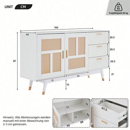 Moderner dekorativer weißer Rattan Schrank Multifunktionaler Aufbewahrungsschrank 2 Rattan Türen 3 Schubladen Buffet Golddekoration 160*40*87cm