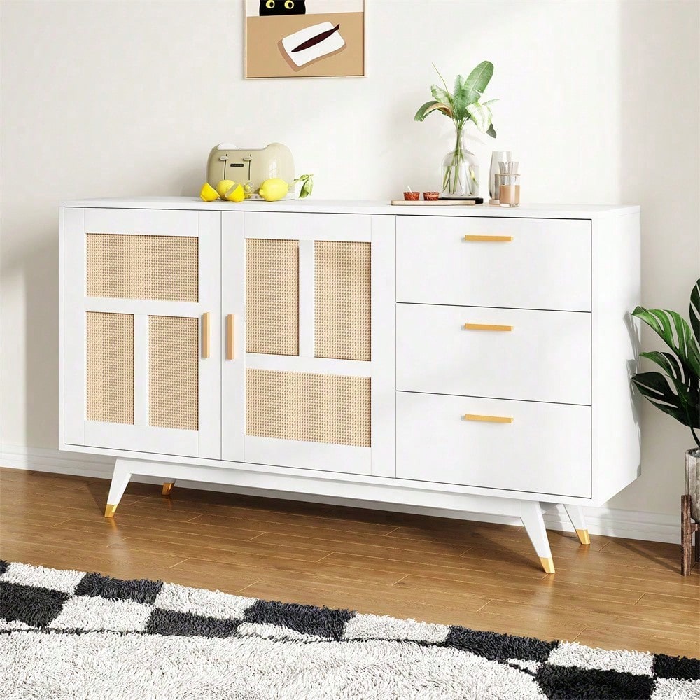 Moderner dekorativer weißer Rattan Schrank Multifunktionaler Aufbewahrungsschrank 2 Rattan Türen 3 Schubladen Buffet Golddekoration 160*40*87cm