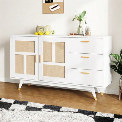 Moderner dekorativer weißer Rattan Schrank Multifunktionaler Aufbewahrungsschrank 2 Rattan Türen 3 Schubladen Buffet Golddekoration 160*40*87cm