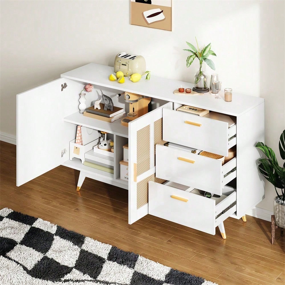 Moderner dekorativer weißer Rattan Schrank Multifunktionaler Aufbewahrungsschrank 2 Rattan Türen 3 Schubladen Buffet Golddekoration 160*40*87cm
