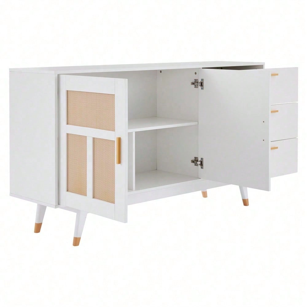 Moderner dekorativer weißer Rattan Schrank Multifunktionaler Aufbewahrungsschrank 2 Rattan Türen 3 Schubladen Buffet Golddekoration 160*40*87cm