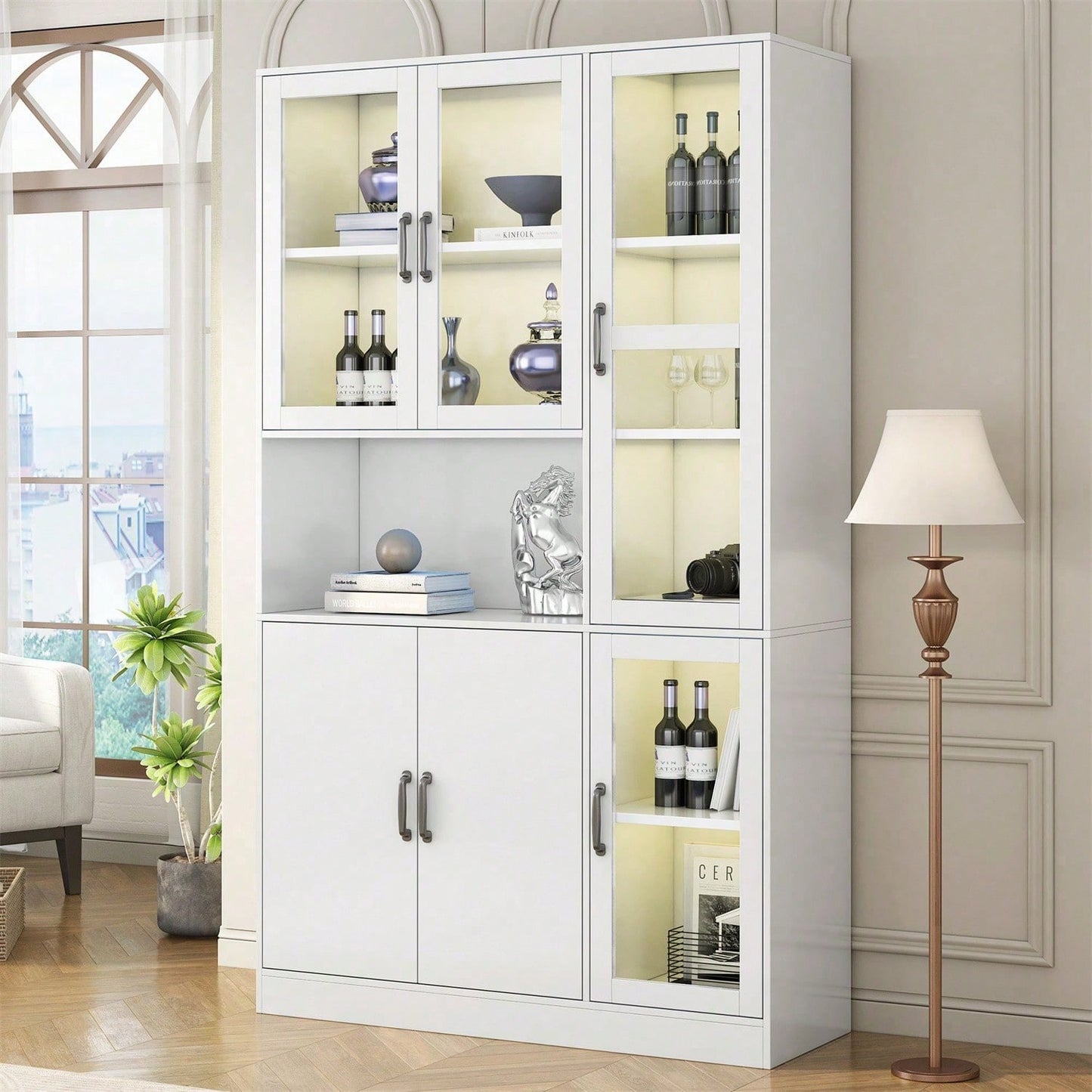 Weißer Vitrinenschrank, Bücherregale mit Türen, Standregale für Bücher, große Küchenanrichte, Vorratsschrank, Luxus-Bücherregal mit LED-Licht, Vitrinenschrank mit Regalen für Wohnzimmer, Schlafzimmer