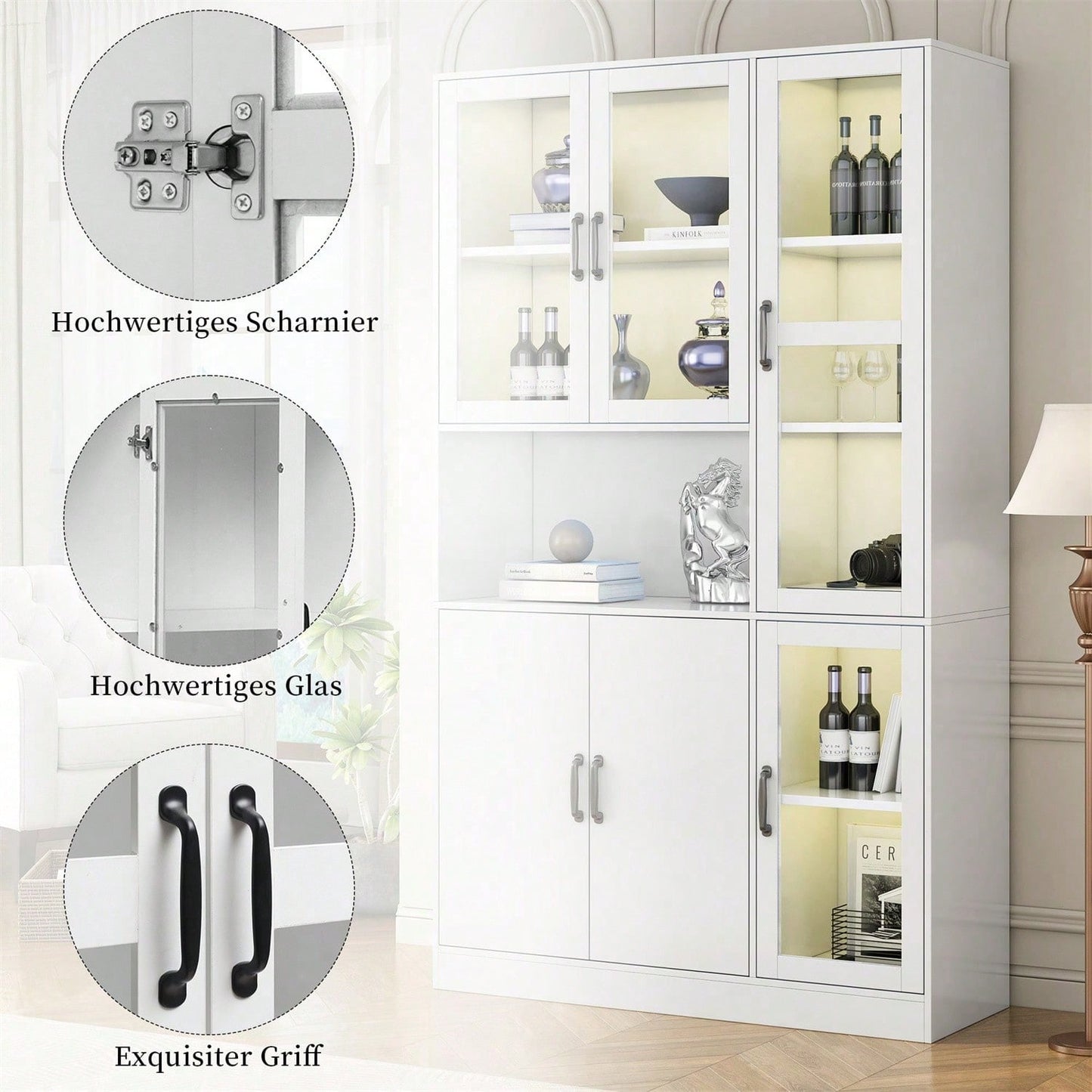 Weißer Vitrinenschrank, Bücherregale mit Türen, Standregale für Bücher, große Küchenanrichte, Vorratsschrank, Luxus-Bücherregal mit LED-Licht, Vitrinenschrank mit Regalen für Wohnzimmer, Schlafzimmer