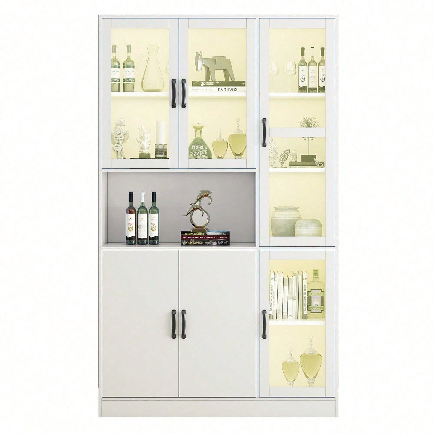 Weißer Vitrinenschrank, Bücherregale mit Türen, Standregale für Bücher, große Küchenanrichte, Vorratsschrank, Luxus-Bücherregal mit LED-Licht, Vitrinenschrank mit Regalen für Wohnzimmer, Schlafzimmer