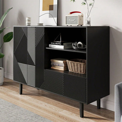 Dekorativer Schrank mit mattschwarzen Streifen, Aufbewahrungsschrank mit geometrischem Muster, 2 zu öffnenden Türen und 1 Schublade, offener Stauraum für Eingangsbereich, Wohnzimmer