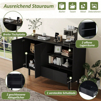 Dekorativer Schrank mit mattschwarzen Streifen, Aufbewahrungsschrank mit geometrischem Muster, 2 zu öffnenden Türen und 1 Schublade, offener Stauraum für Eingangsbereich, Wohnzimmer