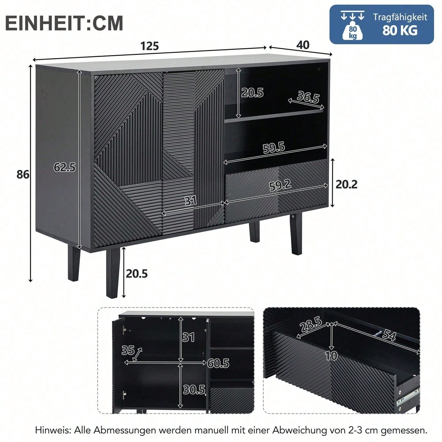 Dekorativer Schrank mit mattschwarzen Streifen, Aufbewahrungsschrank mit geometrischem Muster, 2 zu öffnenden Türen und 1 Schublade, offener Stauraum für Eingangsbereich, Wohnzimmer