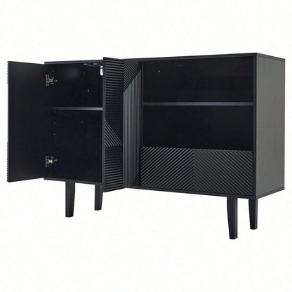 Dekorativer Schrank mit mattschwarzen Streifen, Aufbewahrungsschrank mit geometrischem Muster, 2 zu öffnenden Türen und 1 Schublade, offener Stauraum für Eingangsbereich, Wohnzimmer